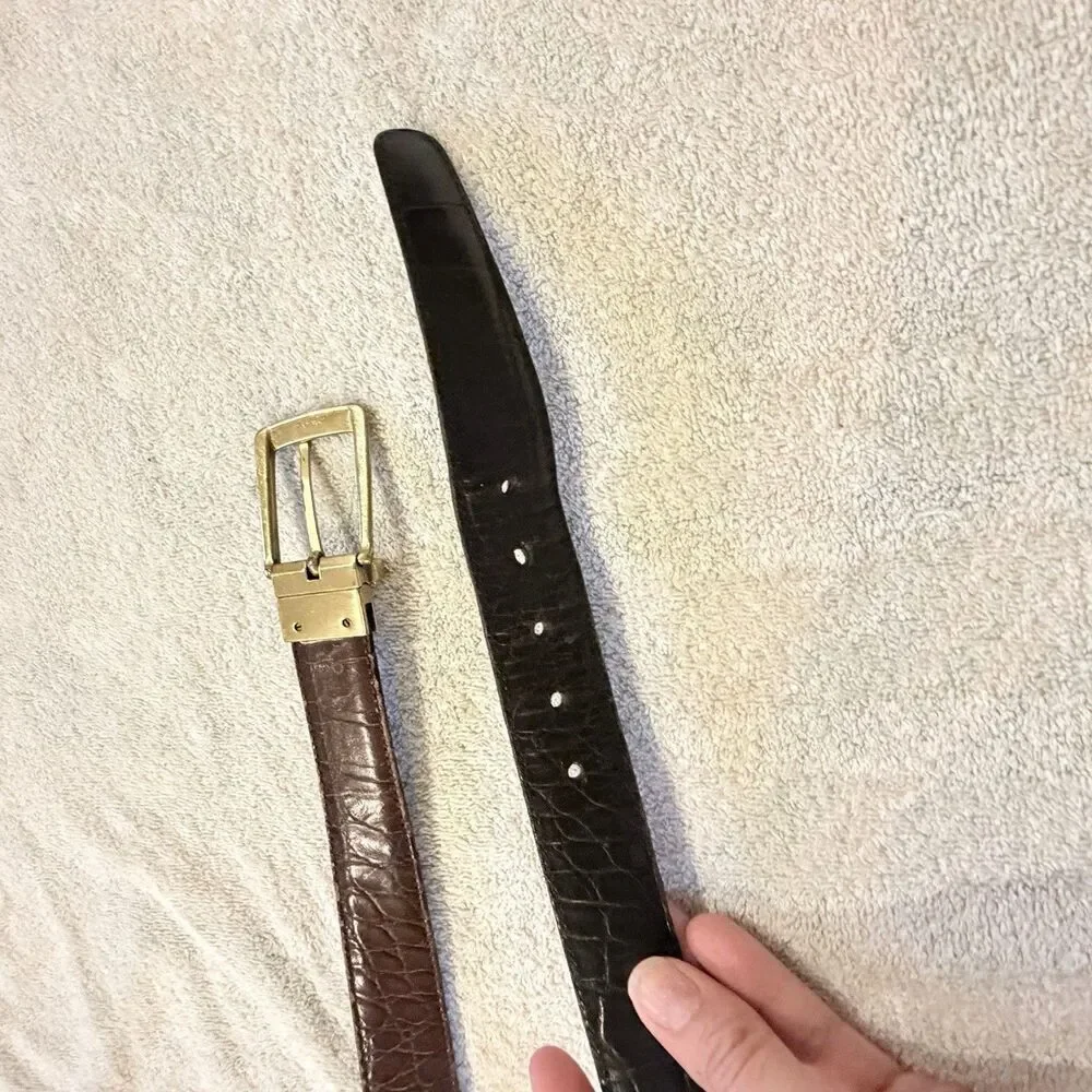 Men’s Brown Black Leather Belt Reversible Brass Buckle 38 Classic Golf 1” wide